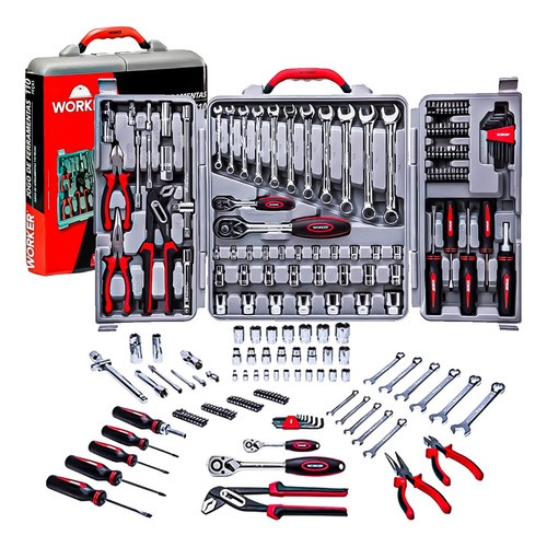 Kit Jogo De Ferramentas Maleta Com 110 Peças Soquete Chave Completo Worker Cinza Aço Cromo Vanádio - Home & Living