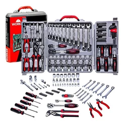 Kit Jogo De Ferramentas Maleta Com 110 Peças Soquete Chave Completo Worker Cinza Aço Cromo Vanádio