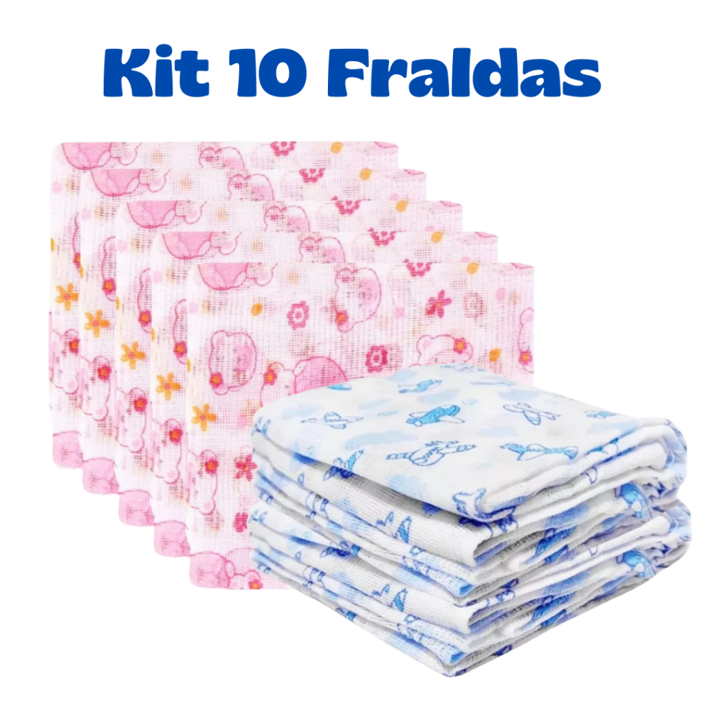 Kit 10 Fraldas de Pano 60x60cm Minasrey 100% Algodão Toalhinha • Paninho • Babete para Bebê