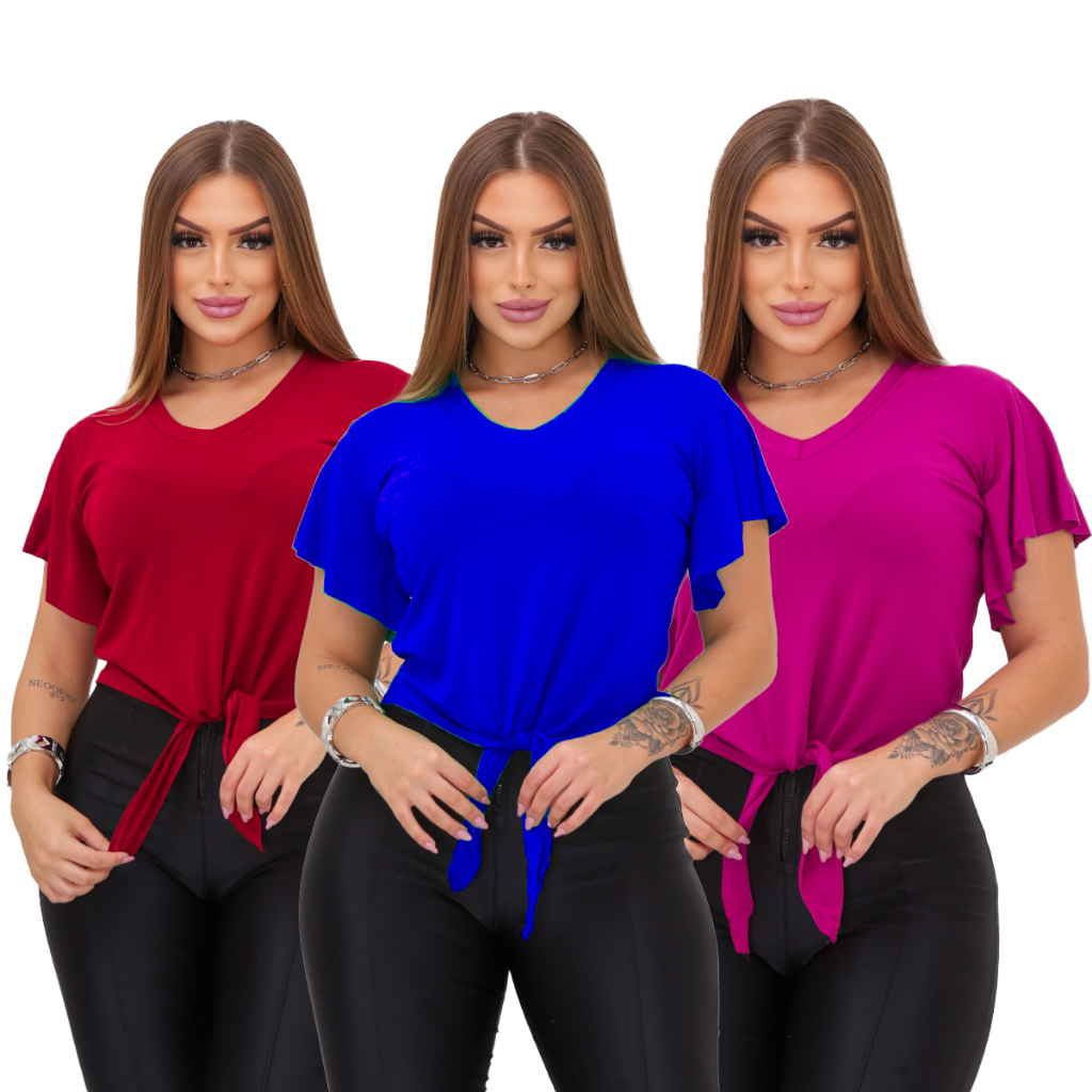 Kit 3 Blusas Manga Curta Blusinha Básica Soltinha De Amarrar em Oferta na Shopee