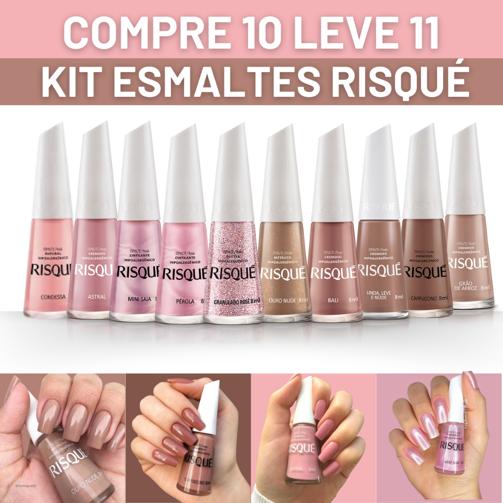Risque Kit de Esmalte Nude Rosa Marrom Kit 10 Esmaltes Hipoalergênico
