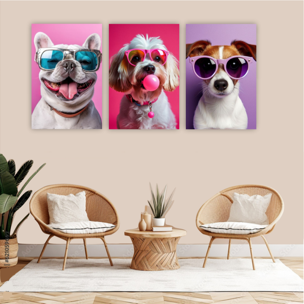 Quadro decorativo 3 peças cachorro cachorrinhos de óculos chiclete colorido decoração loja quarto em Oferta na Shopee
