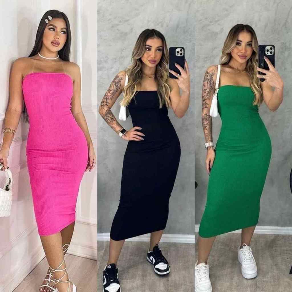 Vestido Tubinho Tomara Que Caia Midi Longo Gringa Justo Canelado Modelador Blogueira Envio Imediato