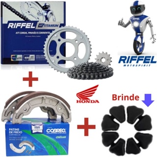 Kit Relação/Transmissão/Tração Original Riffel Titan 150/Fan 150 + Bucha Coxim Da Coroa + Patins de Freio COBREQ em Oferta na Shopee