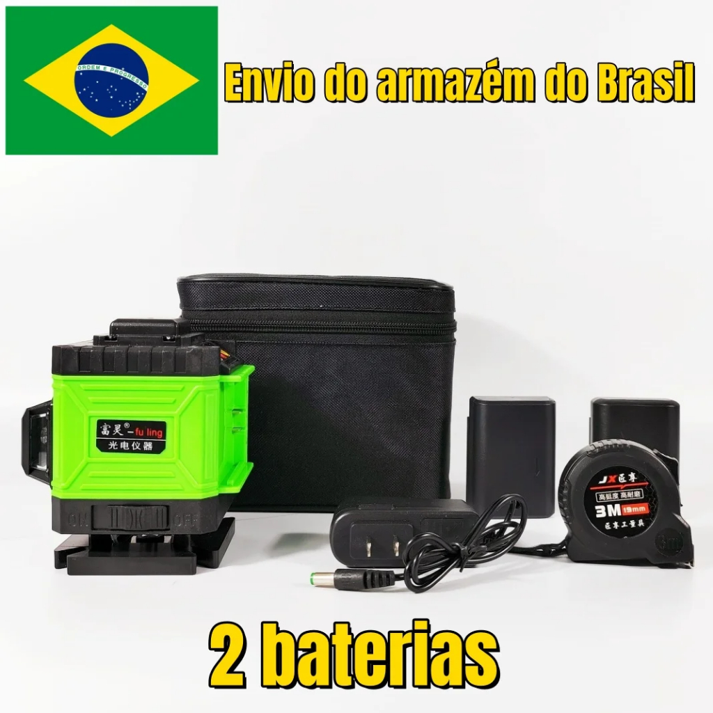 Nível A Laser 8 Linhas Verde Recarregável  + Bateria extra + trena