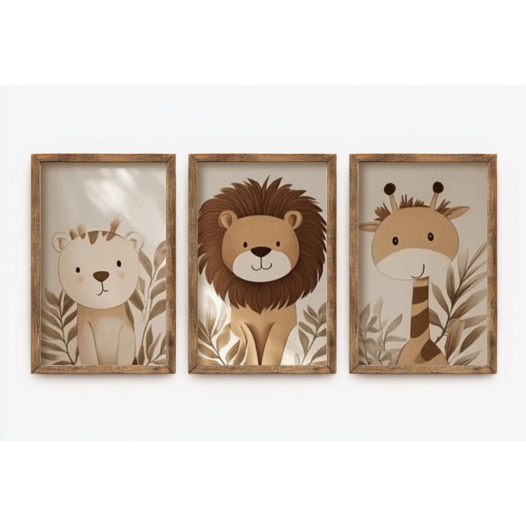 Kit 3 Quadros Decorativos Placas Quarto Infantil animais da Safari Menino Decoração Bebe Moldura Parede