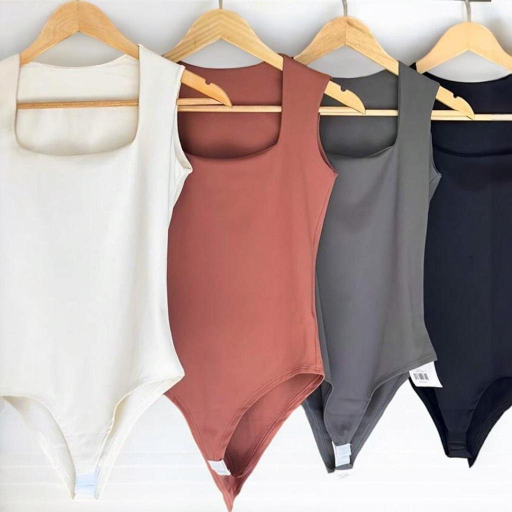 Kit 2 Body Feminino Decote Quadrado com Forro Alças Grossas Básico Casual Elegante