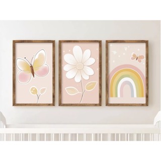 Kit 3 Quadros Decorativos Placas Quarto Infantil arco-íris Menina Feminino Decoração Bebe Moldura Parede Flor em Oferta na Shopee