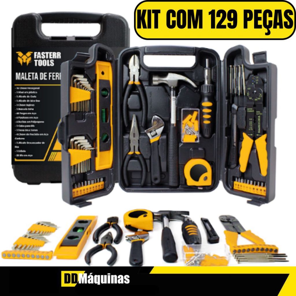 🔥 _KIT COMPLETO DE FERRAMENTAS – 129 PEÇAS 🔧🛠️_  
_Kit Completo de Ferramentas 129 Peças com Maleta Organizadora - Fasterr_  
✅ Organize e tenha tudo à mão com a maleta prática!  
✅ Ferramentas versáteis para todas as suas necessidades de reparo e manuten