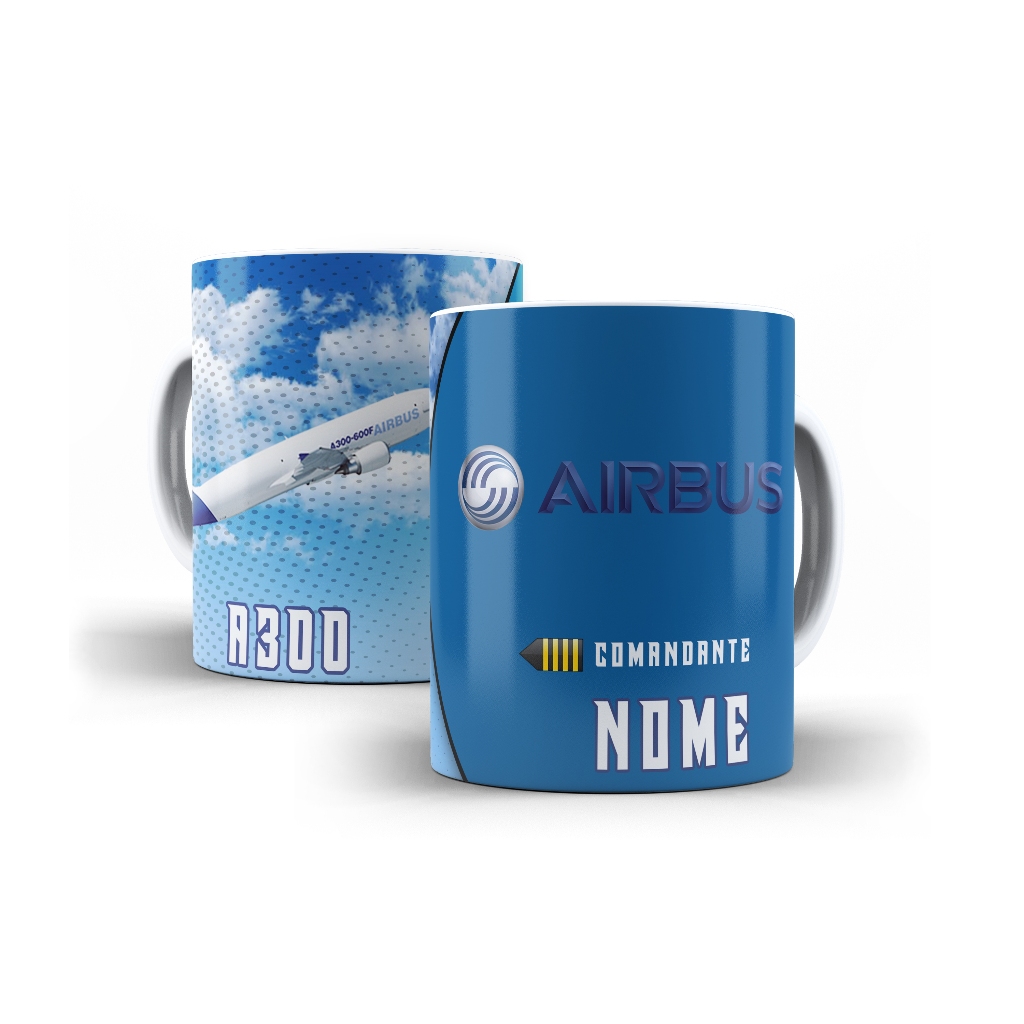 Xícara Branca Porcelana Airbus Avião A300 - Com Seu Nome - 1 Unidade 325ml + Caixinha