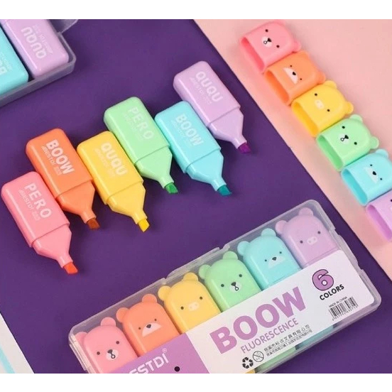 Kit de Marca Texto Marcadores de Texto com 6 unidades Em Estojo Kawaii Boow Fluorescence