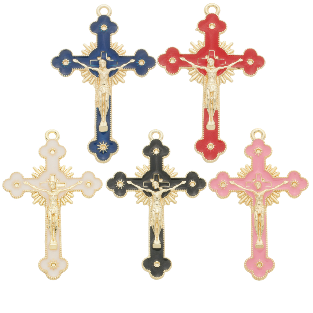 KIT 5 Pingente Cruz de Jesus Resinado Dourado Cataforético Com Banho Envernizado Para Fazer Terços em Oferta na Shopee