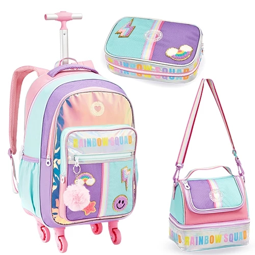 Kit Mochila de Rodinha 4 Rodas Carrinho Escolar Lancheira Estojo Teen Ice Cream Colorida Feminina em Oferta na Shopee