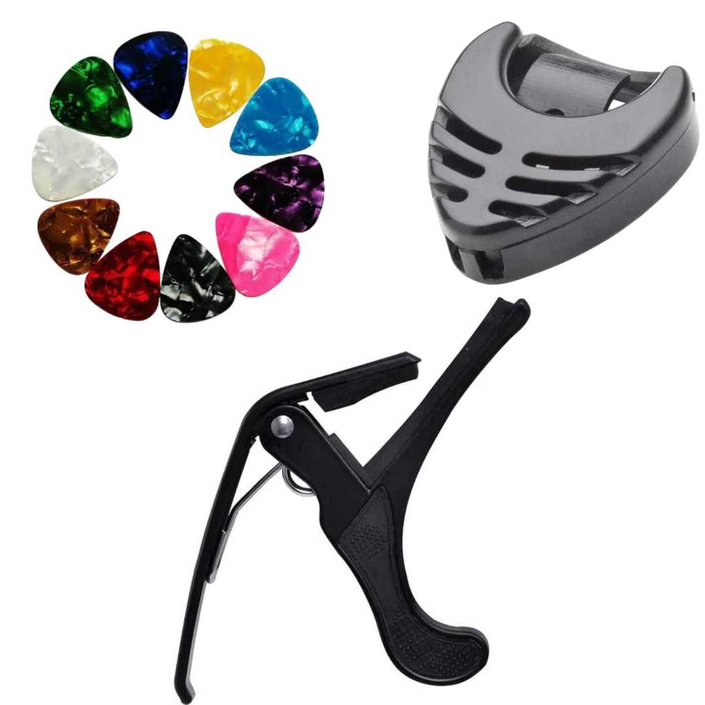 Imagem kit Capotraste Capo Braçadeira + 5 palhetas + 1 Porta palheta Para Violão Aço Nylon Guitarra Ukulele