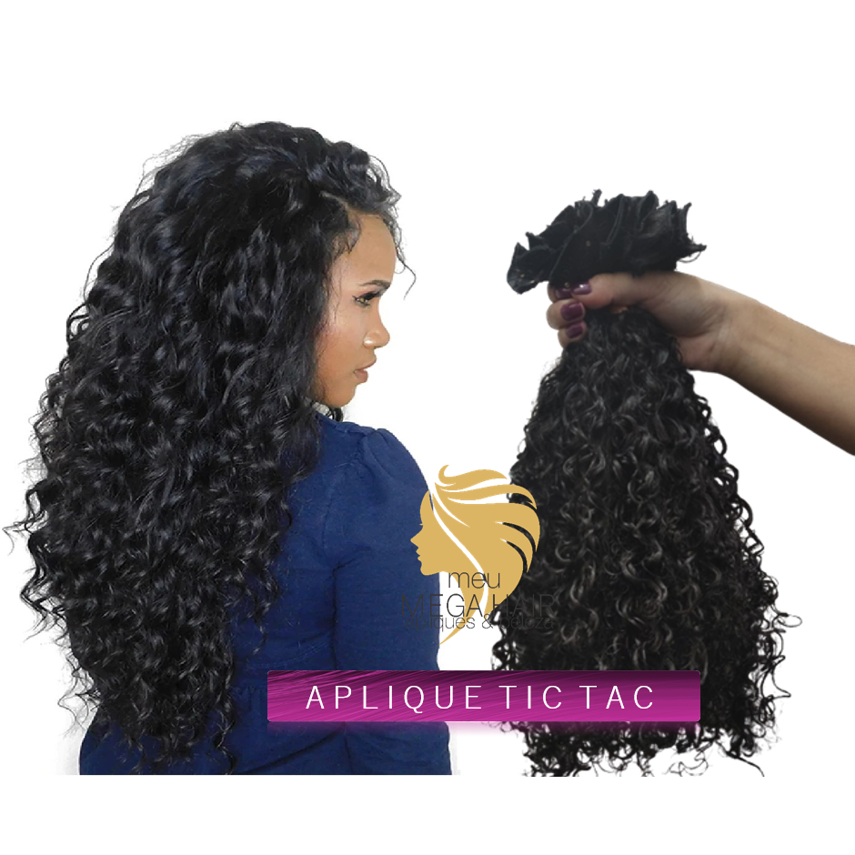 Aplique Cabelo 7 Telas Tic Tac Cacheado Preto Tic Tac 55cm 100grs Alongamento