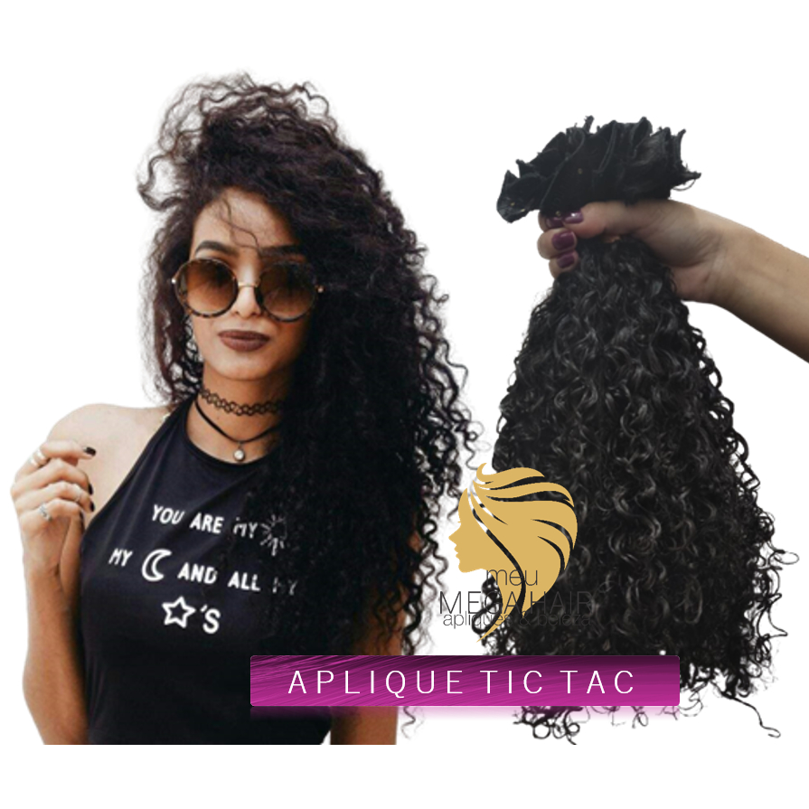 Cabelo Aplique Tic Tac 7 Peças Cacheado Preto Cacho Caipira 55cm 100grs Mega