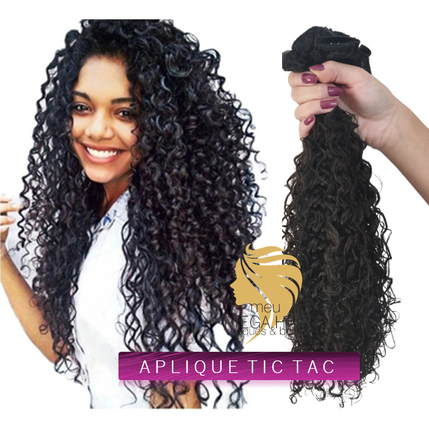Aplique Cabelo Preto Cacheado Cacho Caipira Igual Humano 55cm 100grs Mega Tic Tac