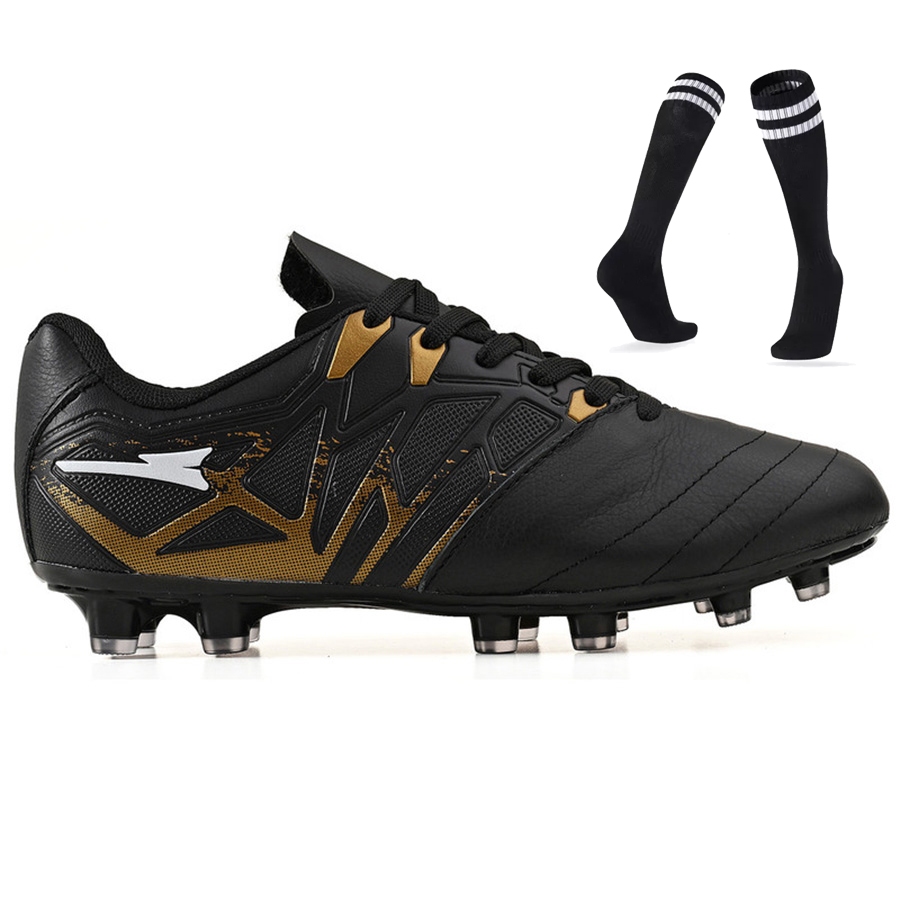 Chuteira em Couro Misto Futebol Campo Trava - Resistente e Costurada - Original R119-03B + Meião