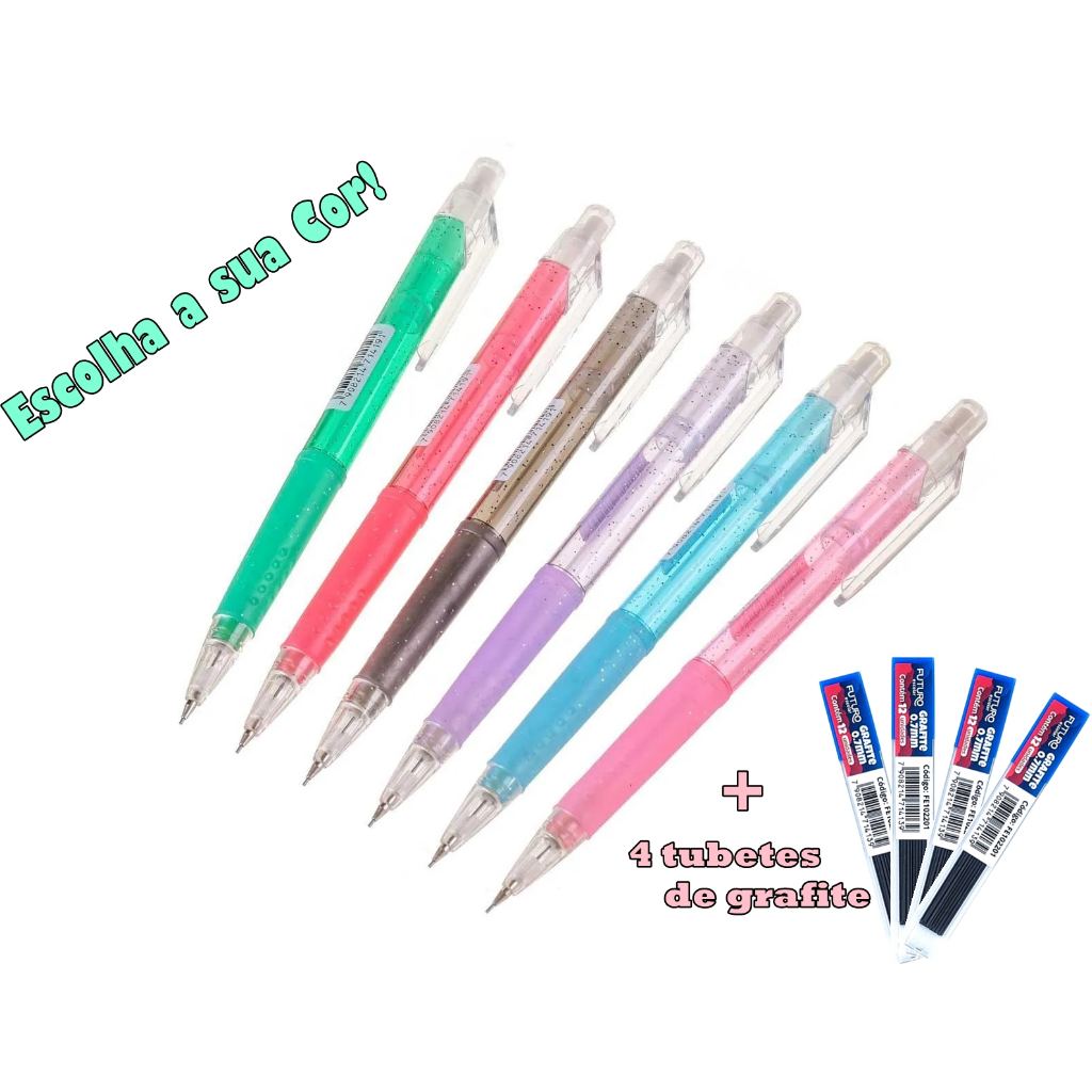 Lapiseira 0.7mm + 4 Tubos de Grafite, Lapiseira Emborrachada Mecanismo de Metal Cores com Brilho Glitter Futuro em Oferta na Shopee