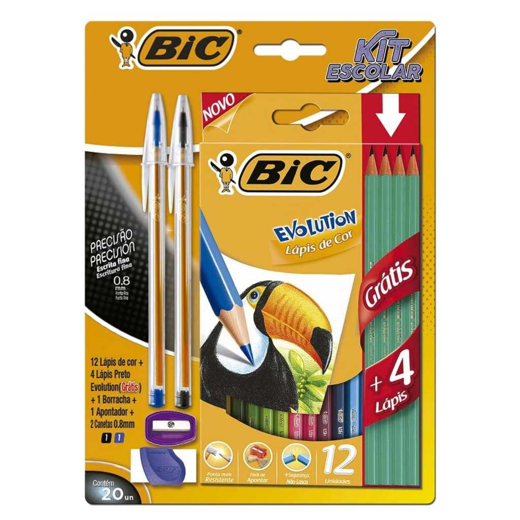 Kit Escolar BIC 12 Lápis de Cor + 4 Lápis Preto Evolution + 2 Canetas Cristal Precision  + 1 Borracha + 1 Apontador
