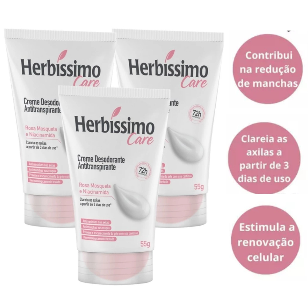 Kit 3 unid - Creme Desodorante Antitranspirante Care Herbíssimo Rosa Mosqueta e Niacinamida 55g