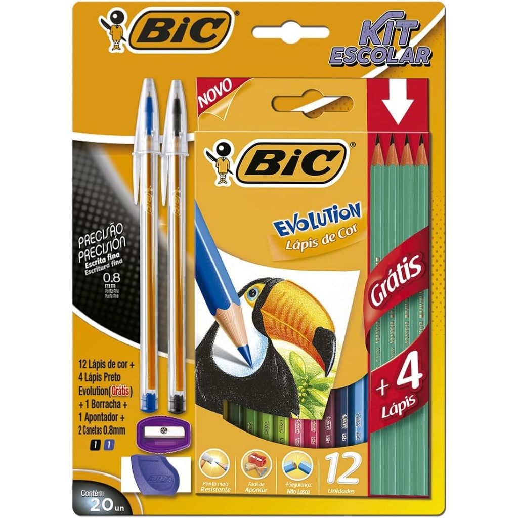 Kit Escolar, BIC, 12 Lápis de Cor + 4 Lápis Preto Evolution + 2 Canetas Cristal Dura + 1 Borracha + 1 Apontador