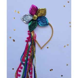 Tiara com flor e glitter, com fitinhas coloridas, adereços de carnaval, fantasia, carnaval 2025