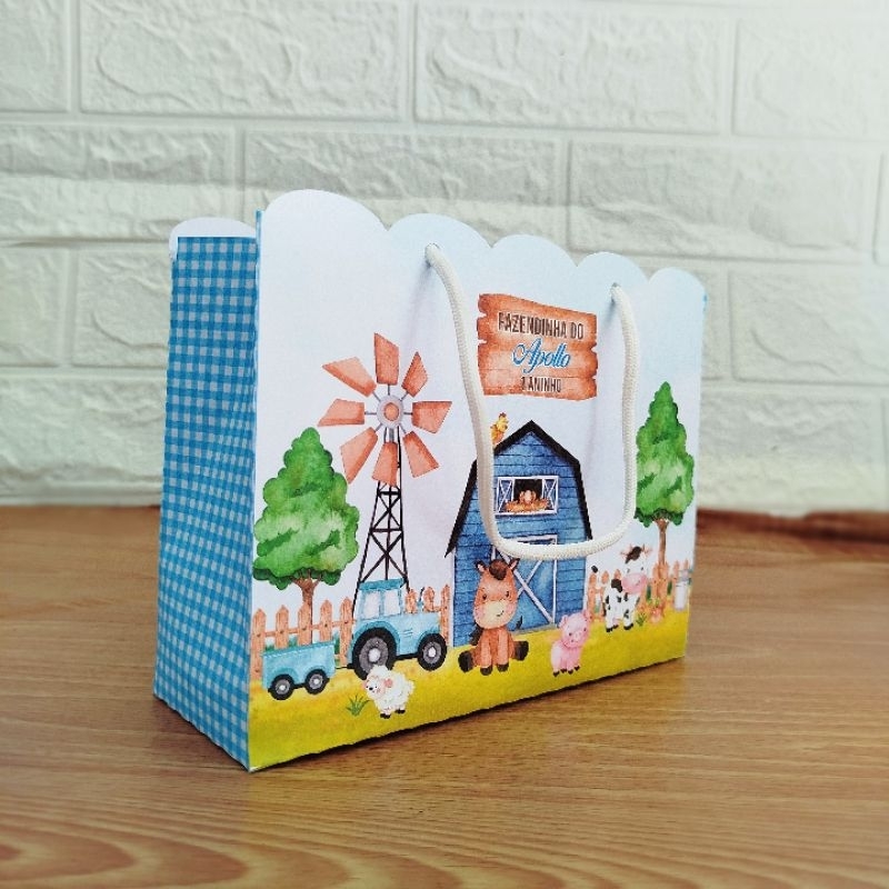 Sacolinha Personalizada Lembrancinha Fazendinha Azul Aquarela-Pegue e Monte