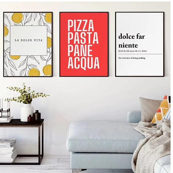 Quadros decorativos Art, Frase de comida, Pizza, Massas, Italiana, La Dolce Vita, Limão (3 peças)