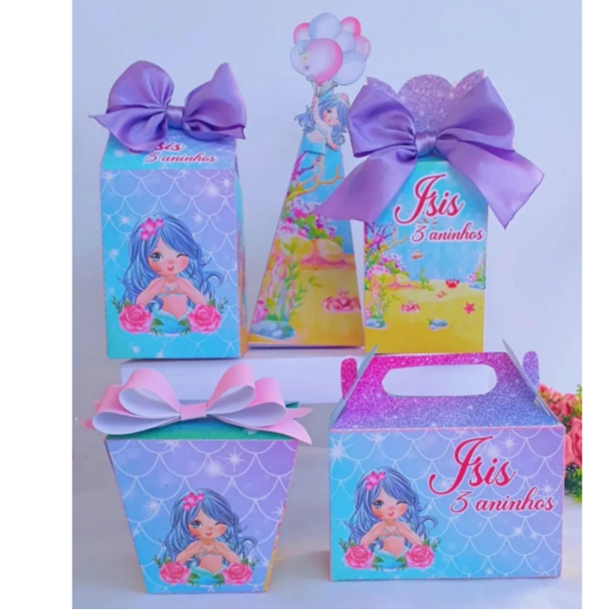 Kit 20 peças- Festa Infantil sereia  - Lembrancinhas - Aniversário - Caixinhas Personalizadas - Papelaria Personalizada
