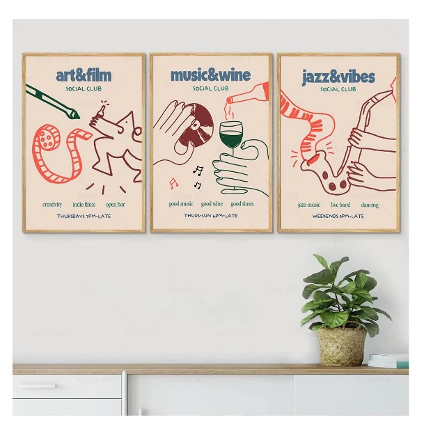 Quadros decorativos Linha Retro Colorida Arte Canvas Pintura, Comida, Bebida, Música (3 peças)