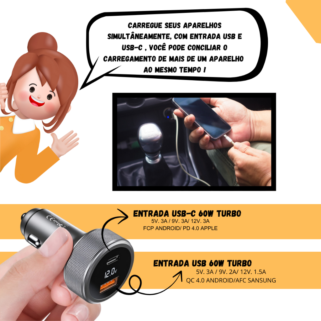 Carregador Veicular Usb-c Pd Usb Turbo 60w Display Led carregamento rápido compativel todos veiculos