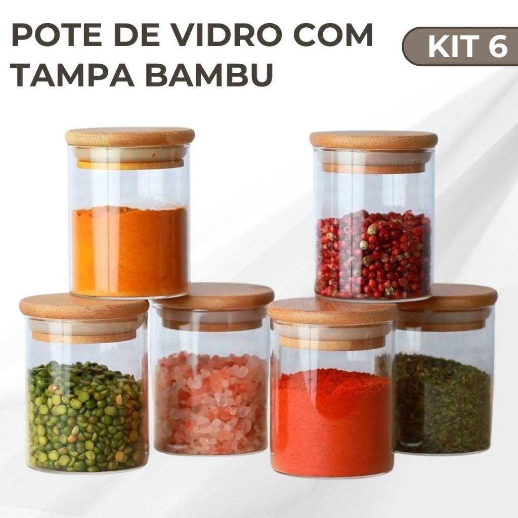 Kit 6 Pote De Vidro Com Tampa Bambu Pote De Tempero 200ml