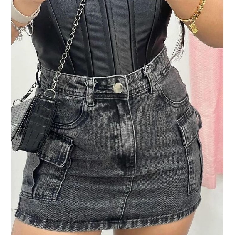 Saia Jeans Feminina Cargo Cintura Alta Grafite com Bolsos Laterais – Várias Cores em Oferta na Shopee