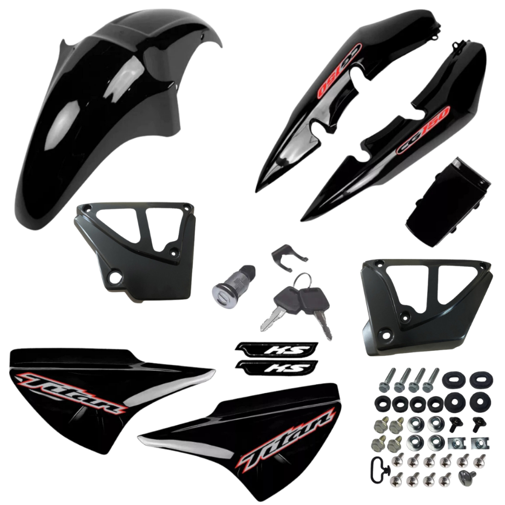 Kit Carenagem Titan 150 04 Até 08 Preto + Adesivos +Complemento Tampa + Trava Tampa Lateral Completo Com Parafusos