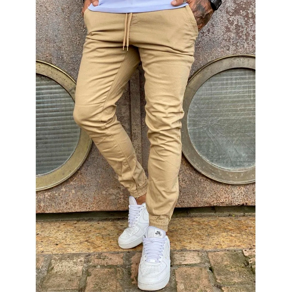 Calças Masculina Jogger Punho Elastico Tecido Sarja Jeans Premium
