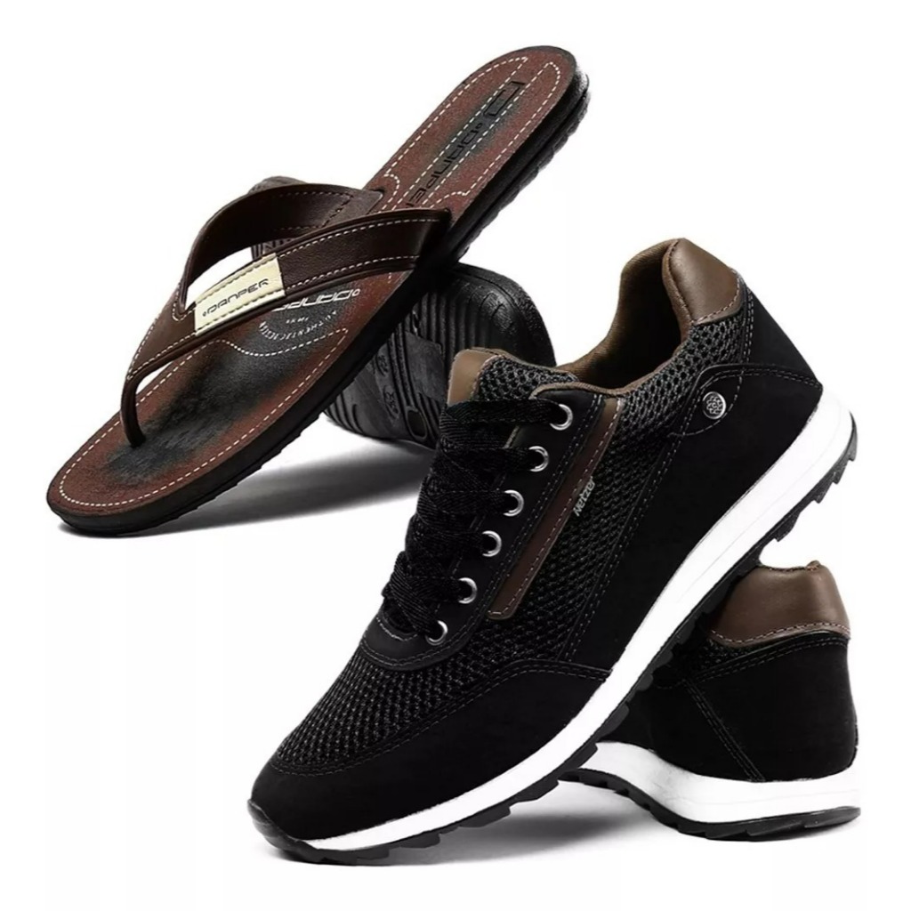 Kit Tênis Casual Jogger Masculino Sapatênis Conforto + Chinelo Antiderrapante Promoção