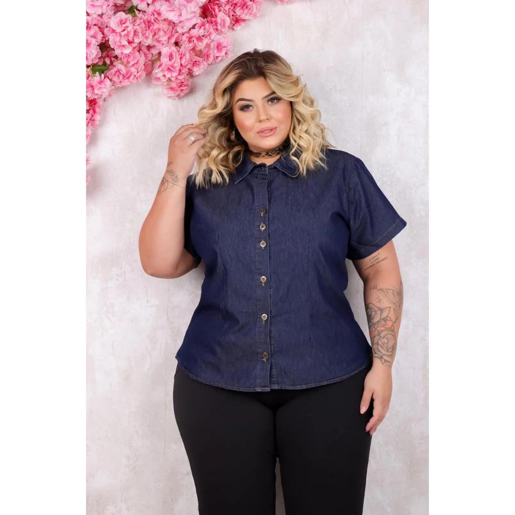 Camisa Jeans Plus Size Feminina Manga Curta | 100% Algodão em Oferta na Shopee