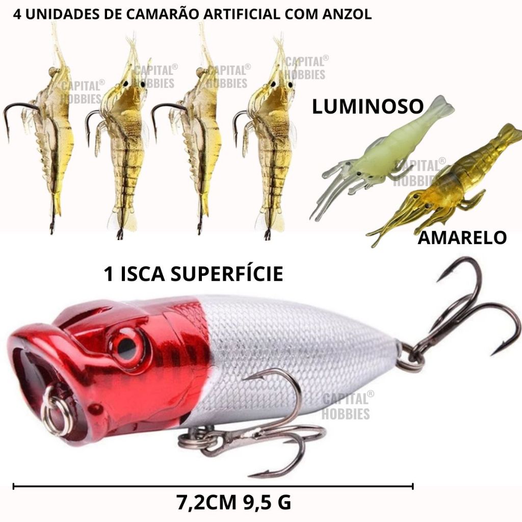 kit 5 peças Isca artificial pesca 7,2cm popper superfície e camarão aromatizado com anzol  traíra dourado tucunaré em Oferta na Shopee