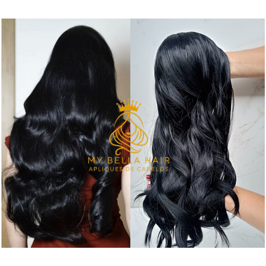 Aplique de Cabelo Mega Hair Cabelo Natural Russo Ondulado Preto 50cm