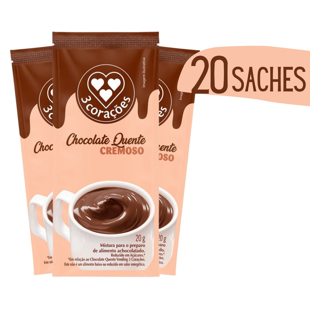 Chocolate Quente Cremoso Sache 3 Corações 20g - 20 Unidades - Adicionar Água ou Leite