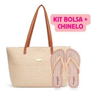 Kit Bolsa de Praia de Palha de Alta Qualidade e Chinelo de Tira em Oferta na Shopee