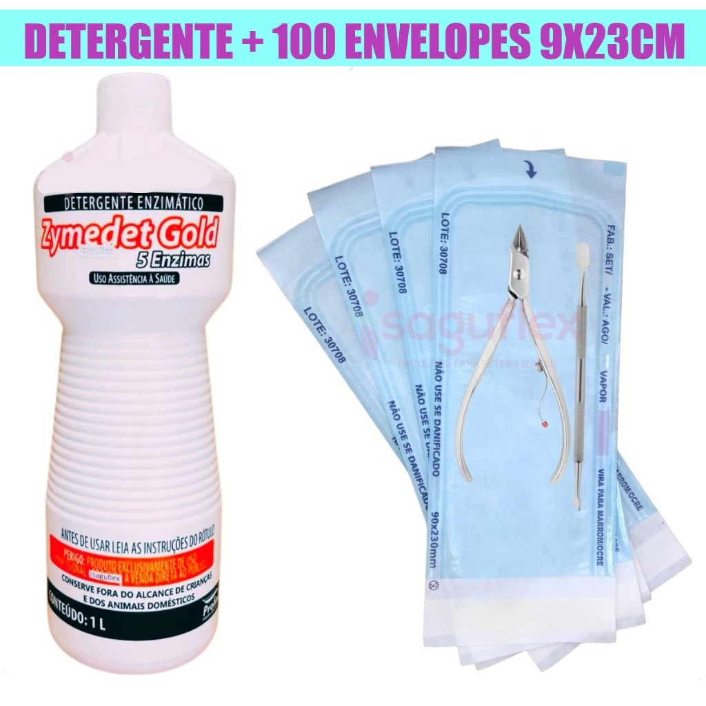Detergente Enzimático + 100 Envelopes 09X23 Esterilização Alicate Autoclave Manicure Podologia Piercing