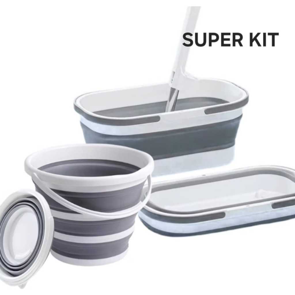 Kit Com Cesto 15 L Dobrável Retrátil Flexível Com Rodinha E Balde 10 Litros Lavanderia