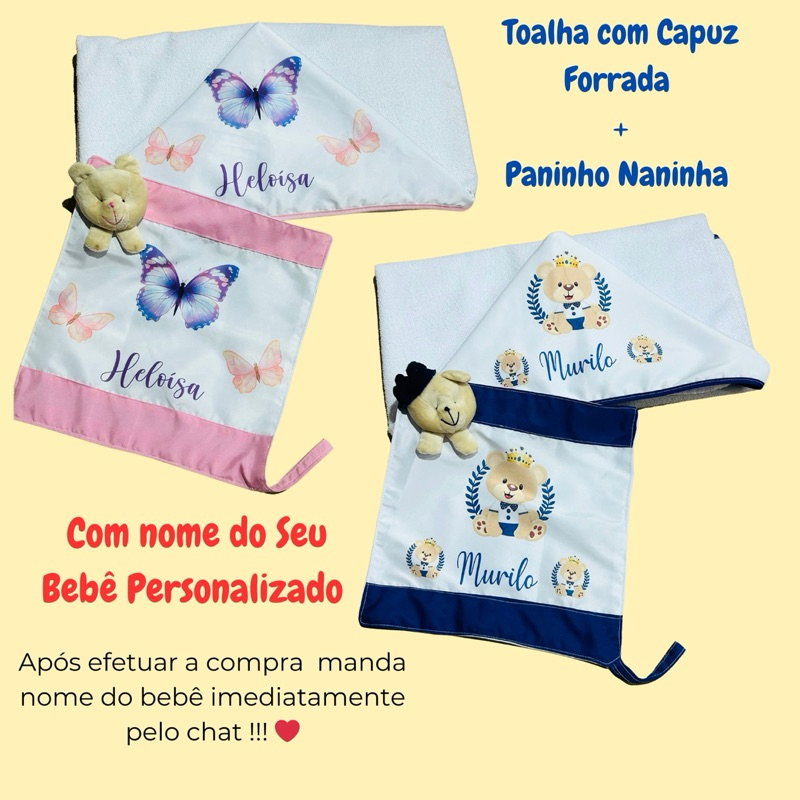 Toalha de Banho para Bebê + Paninho Naninha Personalizado
