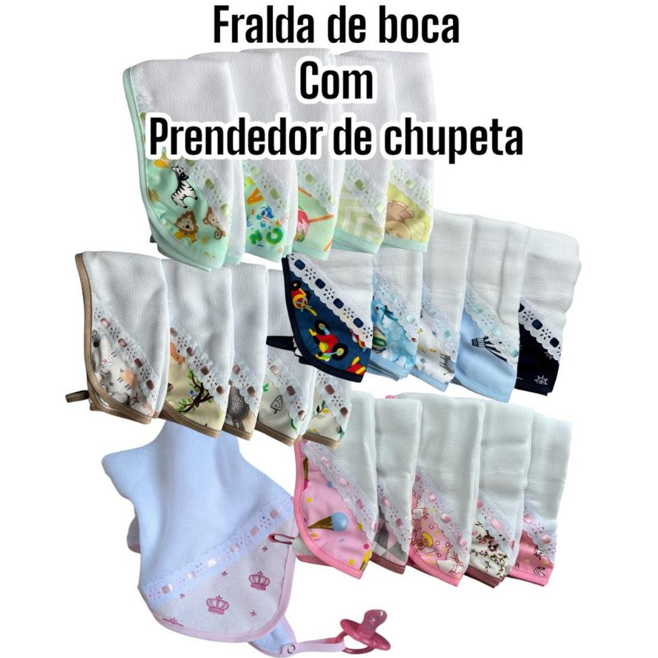 KIT FRALDA DE BOCA BEBÊ COM PRENDEDOR DE CHUPETA 34X34CM 5 UNIDADES TECIDO 100% ALGODÃO