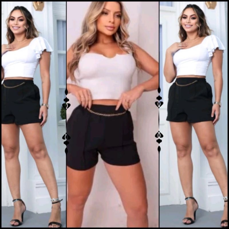 Kit 3 Short Duna Feminino de Correntinha Com Bolso Alfaiataria Cintura Alta Moda Verão Tendência Elegante Social