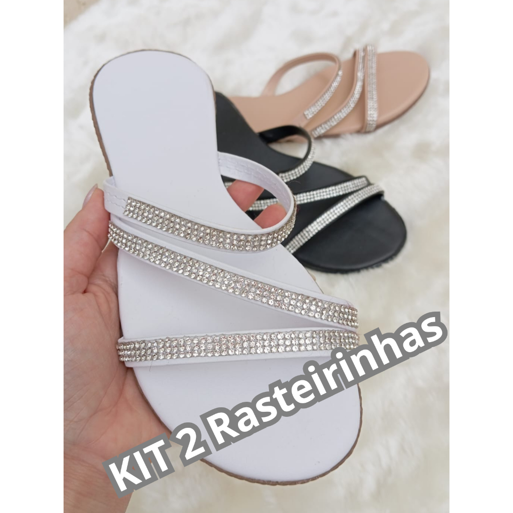KIT 2 Sandálias Rasteirinha Feminina com Brilho Rasteira confortável Feminina Strass - BRILHA MAIS bico redondo