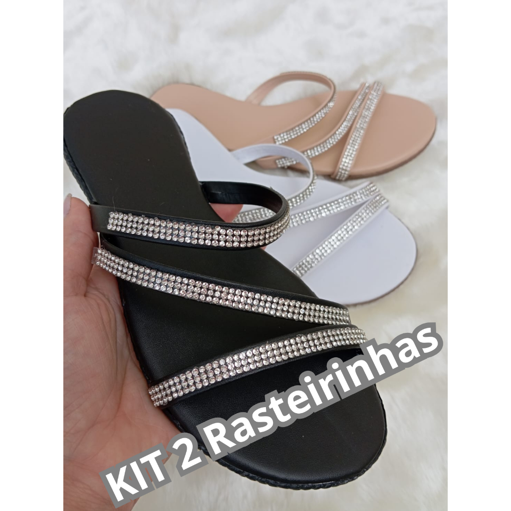 KIT 2 Sandálias Rasteirinha Feminina com Brilho Rasteira confortável Feminina Strass - BRILHA MAIS bico redondo