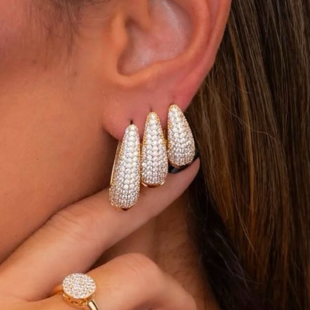 Brinco Feminino Argola Cravejado Gota Click Kit Trio Dourado ou Prata Folheados